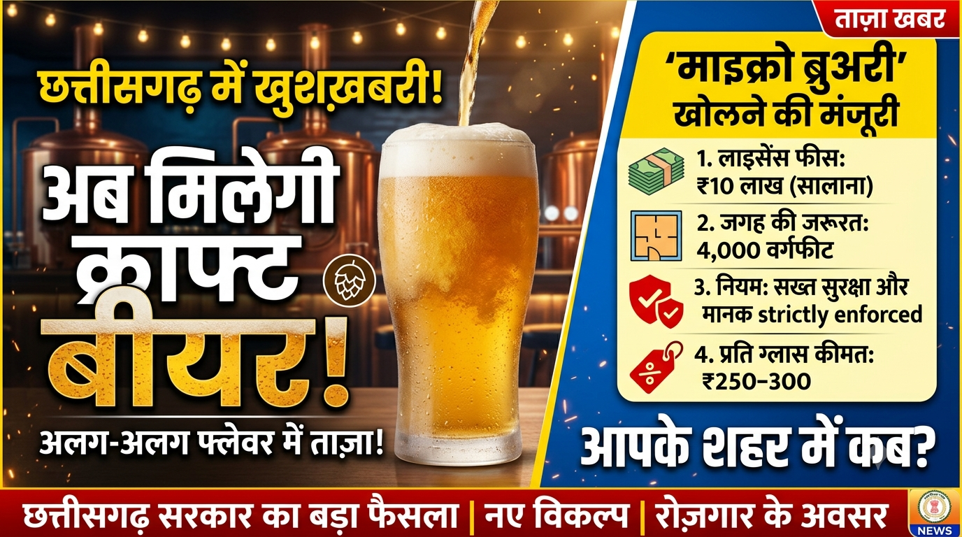 Micro brewery license fee : छत्तीसगढ़ में अब मिलेगी ‘फ्लेवर वाली ताजा बीयर’: सरकार ने दी माइक्रो ब्रुअरी को मंजूरी, जानिए नियम और एक ग्लास की कीमत