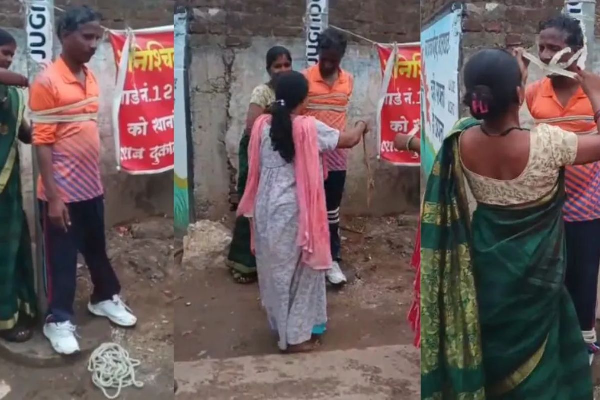 Balaghat News: आंदोलन के बीच शराबी पति पहुंचा, पत्नी ने पोल से बांधकर कराया शांत