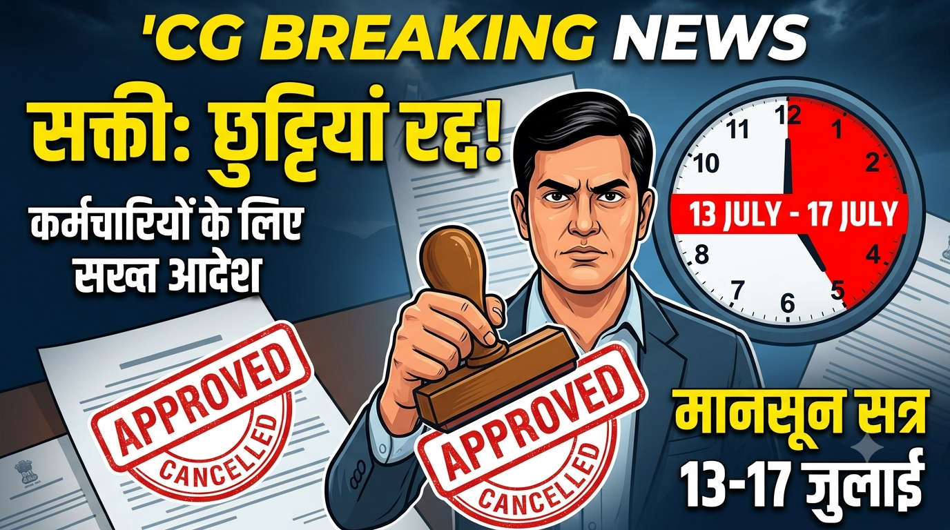 Monsoon Session 2026 : छत्तीसगढ़ में सरकारी कर्मचारियों की छुट्टियां रद्द! बिना अनुमति के मुख्यालय नहीं छोड़ सकेगा, मोबाइल रखना होगा ऑन।